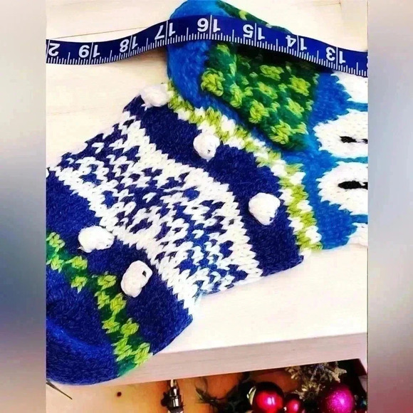 VTG Knit Christmas Stocking Snowman Blue Green Snowman Tassels Crochet Yarn - Picture 3 of 9